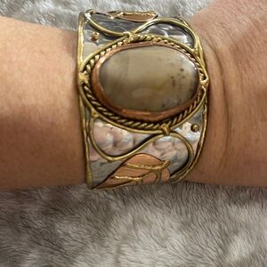 Elegant Stone ,hammered silver brass and copper Cuff Bracelet
